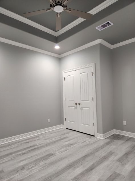 House Painting Ideas Interior Grey, Gray Wall Painting Ideas, Grey Colour Wall Paint, Grey Ceiling Living Room, Light Gray Apartment, Grey Paint Design Wall, Grey Wall And Ceiling, Ceiling Colors For Gray Walls, Grey Flooring White Walls