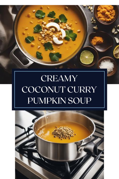 Warm up with this delicious Coconut Curry Pumpkin Soup, bursting with flavor! This recipe brings together creamy coconut milk, flavorful pumpkin, and aromatic curry spices for an irresistible bowl of comfort food. Perfect for chilly nights or a cozy gathering, this plant-based dish is easy to make and even easier to enjoy. Your friends and family will love the rich taste and satisfying texture! Discover the joys of homemade soup that warms the heart and soul, one delightful spoonful at a time. Coconut Milk Pumpkin Soup, Coconut Pumpkin Curry, Pumpkins Soup Recipes, Curry Pumpkin Soup Recipe, Carrot Soup With Coconut Milk, Pumpkin Curry Soup Recipe, Pumpkin Coconut Milk Recipes, Pumpkin Soup Recipe Easy Coconut Milk, Curried Pumpkin Soup