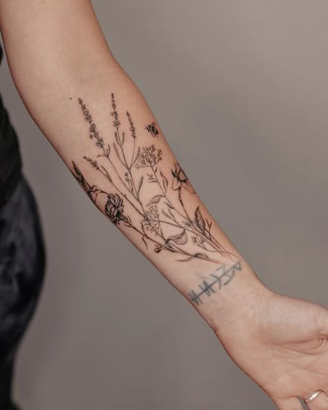 Insect Half Sleeve Tattoo, Flowers Sleeve Tattoo Women, Forearm Nature Tattoos For Women, Wild Flower Tattoo Sleeve Forearm, Wild Flower Arm Tattoos For Women, Delicate Wildflower Tattoo, Wildflower Arm Tattoo, Growing Flower Tattoo, Line Work Sleeve Tattoo