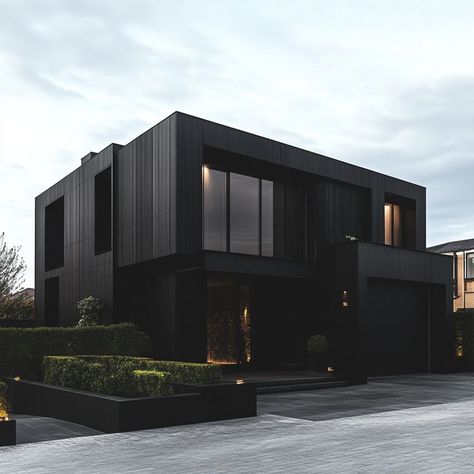 A minimalist black cube house with large windows and sleek modern design, set in a contemporary urban landscape. Minimalist Home Inspiration, Minimalist Landscaping, Cube House, Black Cube, Loft Home, Everything Black, Dark House, Modern Architecture Building, Architectural Design House Plans