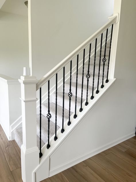 Stairs White And Black, White Stair Railing With Wrought Iron, Stained Stair Railing, Stair Case Banister, Black And White Banister Stair Railing, White Railing With Black Spindles, White And Black Stair Railing, Wrought Iron Balusters, White And Black Railing