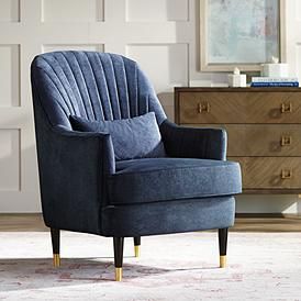 Austen Navy Velvet Tufted Armchair with Pillow Blue Velvet Accent Chair, Living Room Lighting Tips, Yellow Armchair, Tufted Armchair, Tufted Accent Chair, Blue Velvet Fabric, Downing Street, Blue Armchair, Tufted Arm Chair