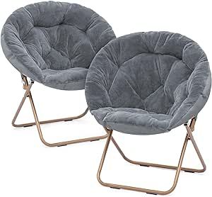 Magshion Round Foldable Oversized Moon Saucer Chair for Adults Large Cozy Chair for Bedroom, Gray, Set of 2 Saucer Chair, Lounge Chair Bedroom, Chair For Bedroom, Folding Lounge Chair, Moon Chair, Cozy Chair, Round Ottoman, Metal Frames, Lounge Seating