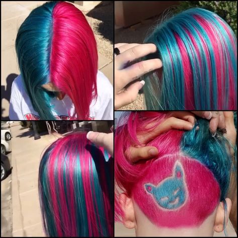 Blue And Pink Hair Color, Pink Half Hair, Dyed Hair Inspiration Blue, Blue Red Hair, Blue Hair Blonde Roots, Pink And Blue Hair Streaks, Pink Layered Hair, Purple And Pink Hair Color Ideas, Pink And Teal Hair