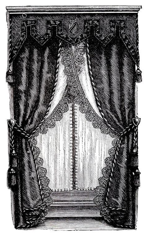 Vintage Curtains | Vintage Clip Art - Fancy Victorian Curtains -Draperies - The Graphics ... Victorian Window Treatments, Curtains For Door, Victorian Curtains, Purple Furniture, Victorian Windows, Curtains Vintage, Vintage Clip Art, Victorian Interior, Curtains And Draperies