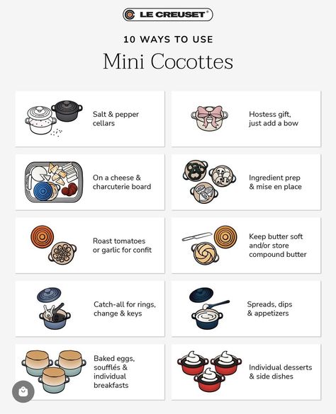 Le Creuset Kitchen Aesthetic, Mini Lecreuset, Le Creuset Aesthetic, Mini Cocotte Recipe, Le Crueset, Culinary Lessons, Le Creuset Colors, Food Knowledge, Adulting 101