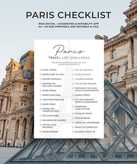 Use this Paris Travel Checklist to plan your vacation and then take it on your trips to tick off all the big name places during your travels.  THIS LISTING IS FOR A DIGITAL DOWNLOAD - NO PHYSICAL ITEMS WILL BE SENT. YOU WILL GET THE FILE AND PRINT IT YOURSELF PDF and Ai format Files included for print all 5 files - A5 - A4 HOW TO USE 1. Purchase this listing 2. After several minutes of purchasing, you will be taken to the downloads page on Etsy.com. Please allow 5-10 minutes for the download to Paris Checklist, Paris Trip Planning, Checklist Travel, Paris Bucket List, Paris Itinerary, Holiday Travel Destinations, Paris France Travel, Paris Travel Guide, Paris Vacation