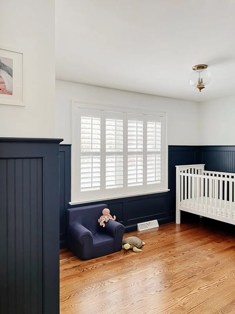 Navy Dining Room Walls, Blue Beadboard, Dark Blue Houses, Beadboard Paneling, Blue Nursery Boy, Board And Batten Wall, Room Wall Painting, Vanity Design, Blue Nursery