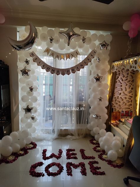 Welcome Balloon Decoration Ideas, Welcome Decoration Ideas Home Indian With Balloons, Welcome Back Surprise Ideas, Surprise Welcome Home Decorations, Baby Homecoming Decorations, Welcome Home Balloons Ideas, Baby Welcome Decoration Home Indian, Baby Girl Welcome Decoration Ideas Home, Welcome Home Decorations Ideas Party