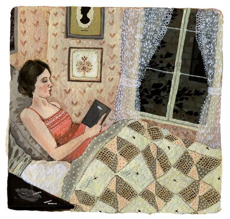 Becca Stadtlander Becca Stadtlander, Forest Dark, Arte Folk, Attic Rooms, Reading In Bed, Woman Reading, Inkjet Printing, Gouache Painting, Whimsical Art