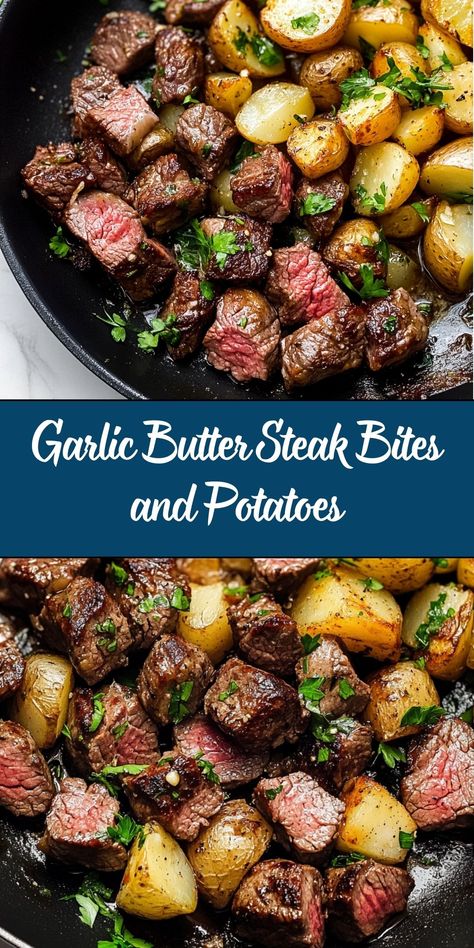 This quick and savory one-pan recipe delivers tender steak bites and crispy garlic herb potatoes, perfect for a hearty main course or as a flavorful party dish. Ready in under 30 minutes, this recipe uses a garlic butter sauce to tie everything together, adding rich, herby notes. Garlic Butter Herb Steak Bites, Steak Bites With Potatoes, Sides Chicken, Churrasco Steak, Steak Bites And Potatoes, Steak Sirloin, Steak Fingers, Butter Herb, Healthy Steak