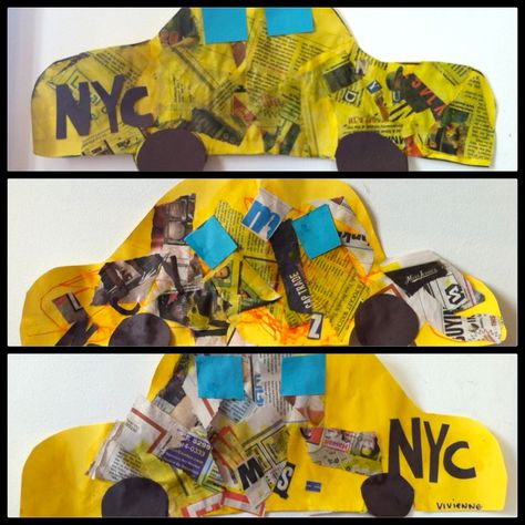 After reading "My Taxi Ride" by Paul DuBois Jacobs and Jennifer Swender we were inspired by the colorful collaged illustrations of Selina Alko. We created our own NYC taxis using construction paper, newspaper, yellow paint and glue. I developed this lesson for children ages 3 and 4 at Kids in Bloom, a pre-school alternative program at Elliott's Classes in NYC. Taxi Activities For Preschool, Taxi Craft Preschool, New York Preschool Activities, New York Crafts For Kids, New York Theme, March Break, Preschool Art Projects, Transportation Crafts, March Activities