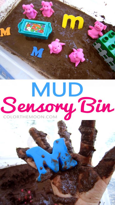 This Mud sensory bin is SO FUN and so easy to make! What a great way to teach kids about the letter M! Letter M Sensory Activities, Letter M Prek Activities, Monkey Sensory Bin, Letter H Sensory Bin, Elmo Sensory Bin, M Letter Craft, Letter M Sensory Bin, Preschool Letter M Activities, Letter M Activities For Toddlers