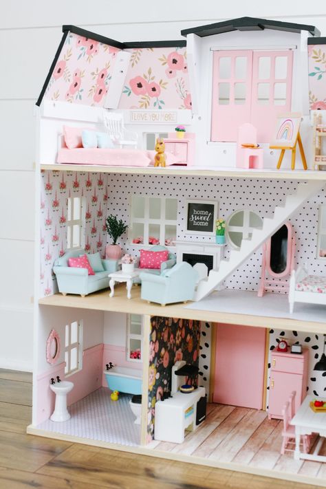 Dollhouse Makeover · The Girl in the Red Shoes Barbie Playroom Modern, Dollhouse Remodel, Couch And Chair Set, Dollhouse Makeover, Bunk Bed Sets, Pink Dollhouse, Dollhouse Decorating, The Red Shoes, Diy Barbie House