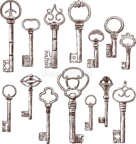 Keys Illustration, Antique Key Tattoos, Key Tattoo Designs, Key Drawings, Ancient Key, Key Collection, Procreate Stamp Brushes, Simple Sketches, Key Tattoos