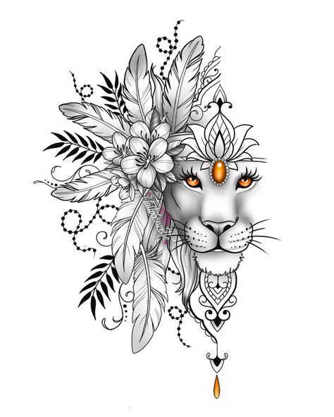 Lion With Headdress Tattoo, Atrapasueños Tattoo, Lioness Tattoo Design, Lion Flower, Lion Art Tattoo, Lioness Tattoo, Lion Head Tattoos, Leo Tattoos, Lion Tattoo Design