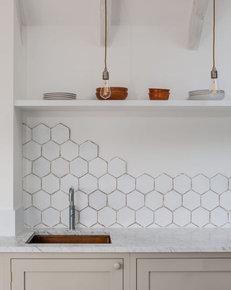 Backsplash Ideas - Unique Kitchen Design | Apartment Therapy Octagon Tile Backsplash, Honeycomb Backsplash Kitchen, Hexagon Tile Backsplash Kitchen, Back Splash Patterns For Kitchen, Trashy Y2k Bedroom, Honeycomb Backsplash, Hexagon Tile Backsplash, Octagon Tile, Creative Backsplash