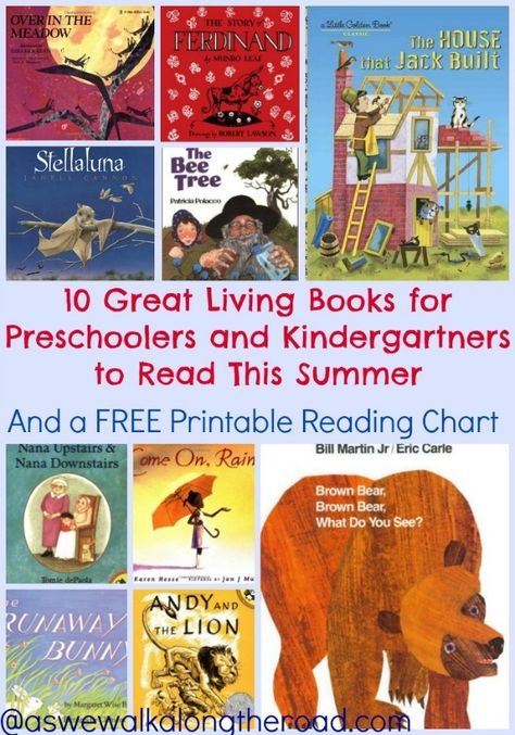 Looking for great living books for your little ones? Here are ten great recommendations and a free printable reading record. Living Books Kindergarten, Kindergarten Living Books, Living Books For Kindergarten, Living Books For Preschool, Summer Reading Chart, Books For Kindergarten, Reading Chart, Books For Preschool, Summer Kindergarten