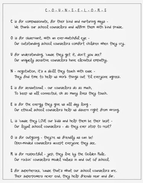 Counselor poem Guidance Counselor Quotes, Poem For School, School Counselor Appreciation, Counselor Quotes, Counselors Week, National School Counseling Week, School Counseling Week, Counselor Appreciation, School Counsellor