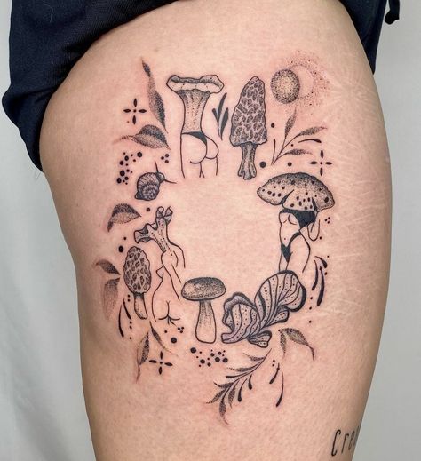 Hippie Thigh Tattoo, Amanita Mushroom Tattoo, Mushroom Ring Tattoo, Mushroom Knee Tattoo, Mushroom Person Tattoo, Mushroom Woman Tattoo, Mushroom Girl Tattoo, Mushroom Lady Tattoo, Belly Button Tattoo