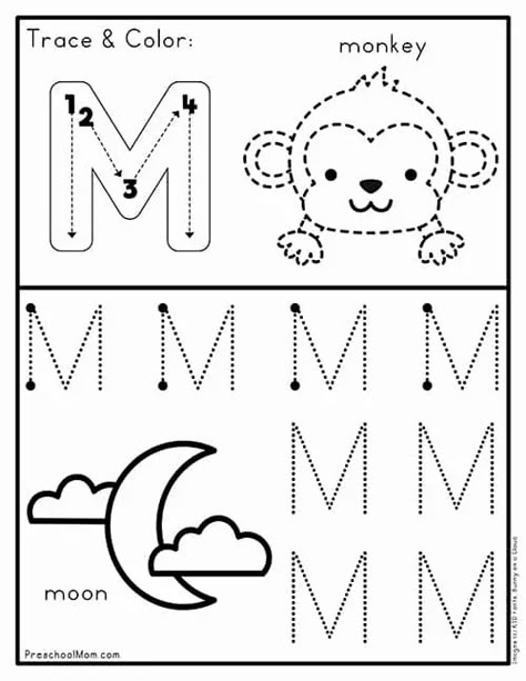 Letter M Tracing Worksheet, Tracing Letters Preschool Free Printable, Letter Tracing Printables Free, Letter M Preschool, Preschool Letter Worksheets, Letter M Crafts, Letter M Activities, Preschool Alphabet Printables, Letter M Worksheets