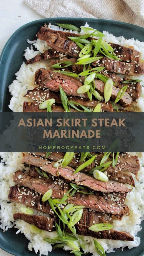 I love Asian marinated steak and this homemade recipe is AMAZING! Skirt steak grills perfectly and is super flavorful with all the best Asian flavors. From soy sauce to green onions, the best Asian flavors are all there! This delicious skirt steak recipe only uses 6 ingredients and cooks in no time! Serve this with your favorite white or brown rice, or alongside some tasty vegetable stir fry! This skirt steak pairs with so many things! try this delicious recipe yourself to see how delicious a simple marinade can be! Asian Skirt Steak, Asian Flank Steak, Skirt Steak Recipe, Steak Marinades, Skirt Steak Marinade, Flap Steak, Flank Steak Recipe, Flank Steak Tacos, Asian Marinade