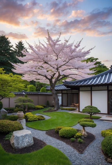 30 Japanese Backyard Garden Ideas To Transform Your Outdoor Space Japanese House Backyard, Japanese Moss Garden Outdoor, Cherry Blossom Tree Backyard, Garden Ideas Luxury, Japanese Inspired Courtyard, Japanese Gardens For Small Spaces, Asian Landscape Ideas, Japanese Park Design, Zen Garden Plan