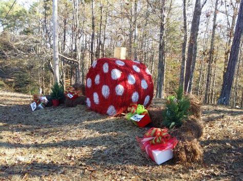 Turned my pumpkin haybale into a Christmas ornament! Haybale Christmas Ideas, Christmas Hay Bale Decor, Christmas Hay Bale, Driveway Decor, Hay Bale Decor, Hay Bale Decorations, Hay Bale Ideas, Christmas Recipe Cards, Outdoor Christmas Planters