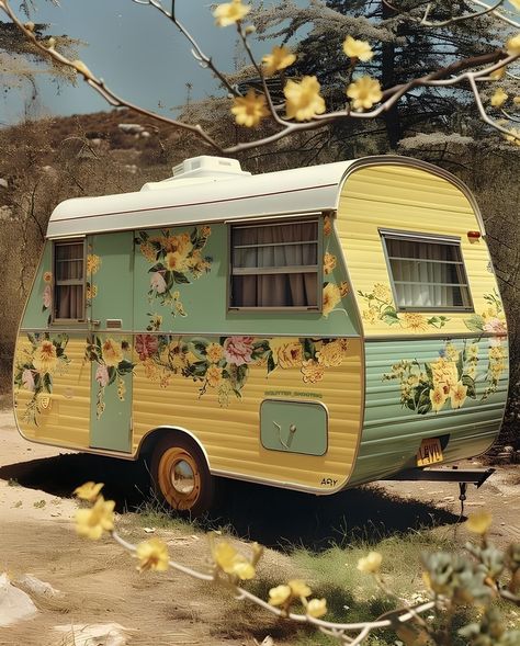 Old Caravan, Shabby Chic Campers, Retro Camper Van, Hippie Camper, Vintage Trailer Interior, Caravan Trailer, Camper Diy, Camper Art, Caravan Makeover