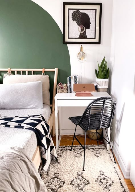 Small Home Tours: Shamika and Family of 4 (and pets!) in 650 Square Feet in New Jersey — 600sqftandababy Desk By Bed Small Spaces, Desk In A Small Bedroom, Office Desk Next To Bed, Desk By The Bed, Bedroom Desk Nightstand, Small Space Desk Bedroom, Simple Desk Ideas Small Spaces, Desk Over Bed Small Bedrooms, Desks Next To Beds