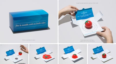 "LavOnline: Tomato Splat"    This campaign helped raise awareness for a laundry service and makes excellent use of some interesting materials. Consumers were sent a box containing a squishy toy tomato that could be thrown at the printed shirt on the inside of the box. The tomato completely flattens out and sticks to the box, only to gather itself up (cleaning the shirt) and become a full round tomato again. Direct Marketing Ideas, Cardboard Engineering, Souvenir Packaging, Campaigns Ideas, Creative Postcard, Interactive Magazine, Mailing Design, Direct Mailer, Mail Inspiration