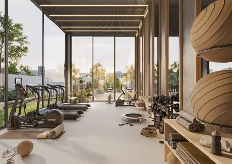 JER. on Behance Gym Area Design, Gym Design Architecture, Hotel Gym Design, Luxury Gym Design, Home Gym Interior Design, Hotel Fitness Center, Commercial Gym Design, Fitness Center Design, Gym Center