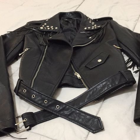 Black Leather Jacket With Studs - Size 1 Super Cute And I’m Excellent Bnwot Condition Just A Few Marks On Collar Area (That Happened When I Folded The Jacket & The Studs Rubbed Against The Other Side) Emo Leather Jacket, Leather Jacket Spikes, Rockstar Clothes, Rockstar Jacket, Kawaii Jacket, Punk Leather Jacket, Black Kawaii, Pinterest Wardrobe, Emo Clothes