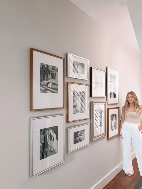 Gallery Wall Layout With Sizes Hallway, Celebrity Gallery Wall, Wedding Photos Wall Display Living Rooms, Gallery Wall 8 Frames, Simple Gallery Wall Hallway, Family Gallery Wall Dining Room, Styling Wedding Photos On Wall, Living Room Wedding Photos, Wall Of Wedding Photos