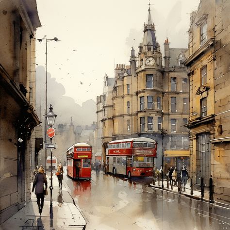 London Watercolor Paintings, Edinburgh Painting, London Watercolor, Urban Watercolor, Watercolor Cityscape, London Drawing, Conceptual Model Architecture, Watercolor Scenery, City Sketch