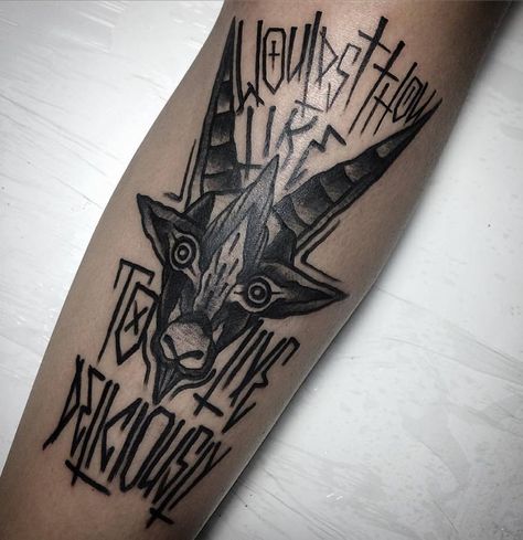 -Black Phillip- "Wouldst Thou Like to Live Deliciously?" by Mala Leche (@ mala.leche) #thewitch #traditionaltattoo Black Phillip Tattoo, Ganesh Tattoo, Live Deliciously, Black Phillip, Tattoo Desings, Horror Tattoo, Dapper Day, Under My Skin, American Traditional