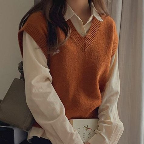 Vest Outfits Aesthetic, Sweater Vest Outfit Women, Fashion Hashtags, Sweater Vest Outfit, Pinstripe Shirt, Smart Casual Work Outfit, Vest Outfit, Plain Shirt, Orange Sweaters