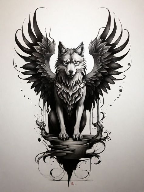 Wolf Back Tattoo Design, Black Wolf Tattoo For Women, Wolf And Raven Tattoo Design, Wolf Tattoo For Women Leg, Wolf Tattoo Ideas For Women Thigh Piece, Wolf And Phoenix Tattoo, Wolf Arm Tattoo Woman, Small Gothic Tattoos For Women, Raven And Wolf Tattoo