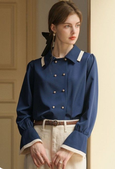 Retro Romance, Blouse Simple, Simple Retro, Navy Blouse, Simple Blouse, Quick Outfits, Elegant Shirt, Collar Blouse, Mode Vintage