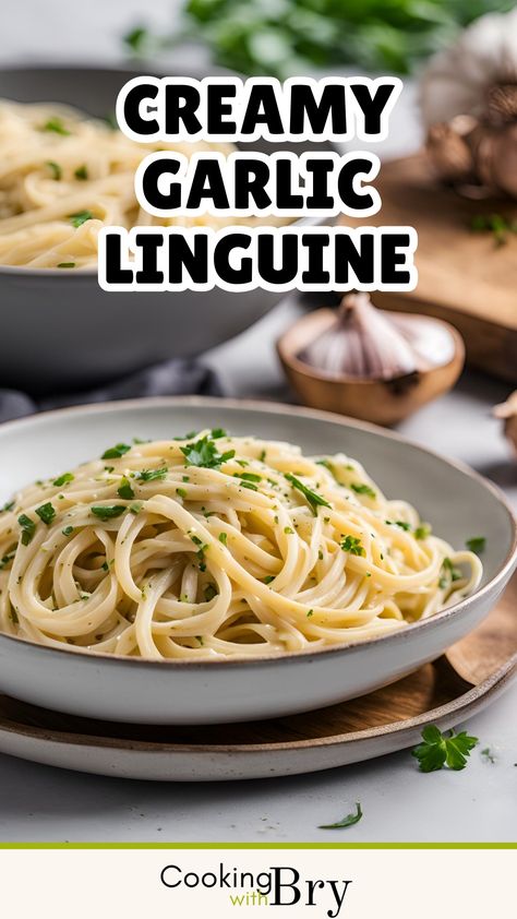 Indulge in a comforting bowl of Creamy Garlic Linguine. This simple yet flavourful dish features tender linguine coated in a rich, velvety sauce made from garlic, cream, and Parmesan cheese. Perfect for a quick weeknight dinner or a cosy meal, the creamy sauce clings to each strand of pasta, delivering a burst of garlicky goodness in every bite. Garnish with fresh parsley and cracked black pepper for an extra touch of freshness. Easy to make and utterly delicious! Creamy Linguine Recipes, Creamy Linguine, White Garlic Sauce, Garlic Parmesan Pasta, Linguine Recipes, Garlic Pasta, Quick Weeknight Dinners, Creamy Garlic, Linguine