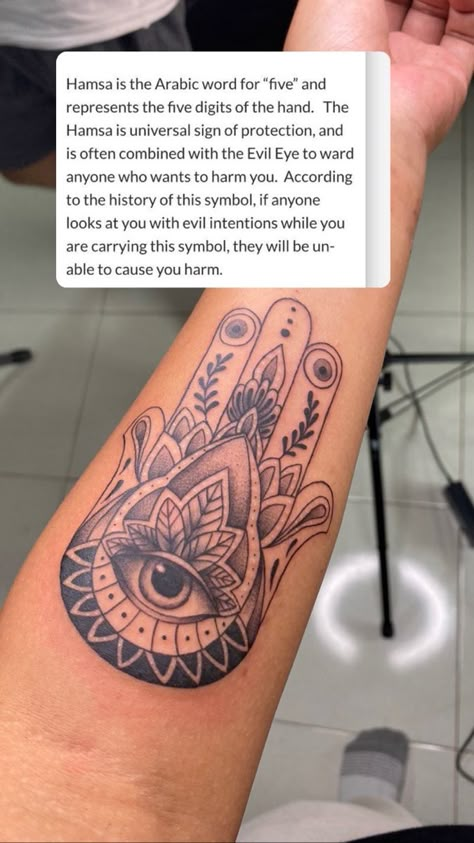 Hamsa Tattoo On Hand, Hamsa Tattoo Women, Hasma Tattoos For Women Sleeve, Positive Vibe Tattoos For Women, Hamsa Arm Tattoo, Evil Eye Arm Tattoo, Hamsa Back Tattoo, Hamsa Hand Tattoo For Women, Pretty Tattoos For Women With Meaning