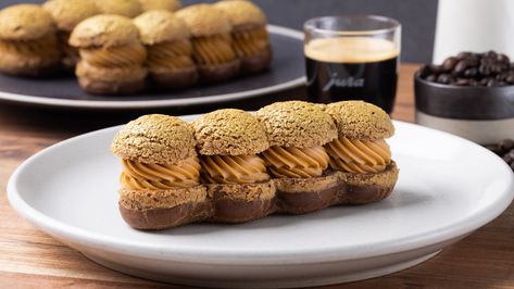 Coffee Caramel Eclairs - Savour School : Savour School Coffee Eclairs, Caramel Eclairs, Chocolate Eclair Recipe, Chocolate Eclairs, Choux Buns, Eclair Recipe, Chocolate Crumbs, Coffee Caramel, Chocolate Eclair