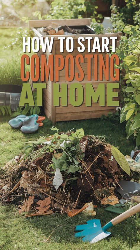 A wooden compost bin with fresh and dry leaves is set in a sunny garden. Nearby, a pile of compost materials and a small shovel rest on the grass. Simple Composting For Beginners, At Home Composting, How To Make Your Own Compost, Homemade Compost Bin Diy, How To Start Composting For Beginners, Compost Bin Diy For Beginners, How To Compost For Beginners, Home Made Compost, Composting For Beginners