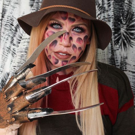 Freddy Krueger Halloween Costume Makeup Tutorial Nightmare On Elm Street Pretty Freddy Krueger Makeup, Women's Freddy Krueger Makeup, Cute Freddy Krueger Makeup, How To Do Freddy Krueger Makeup, Freddy Krueger Costume Women, Freddy Kruger Make Up Girl, Freddy Krueger Costume, Costume Makeup Tutorial, Halloween Costumes Women Scary