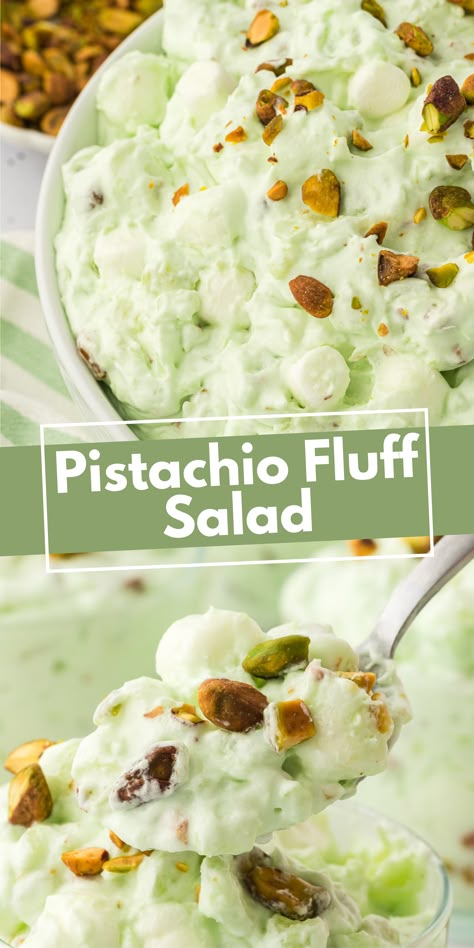 Pistachio salad will make you the star of family gatherings. I've perfected this pistachio salad recipe into just 3 easy steps you can do in 10 minutes, and you only need 5 simple ingredients. Pistachio Fluff Salad, Pistachio Pudding Salad, Pistachio Fluff, Mouthwatering Desserts, Creamy Fruit Salads, Fluff Salad, Pistachio Salad, Fluff Recipe, Fluff Desserts