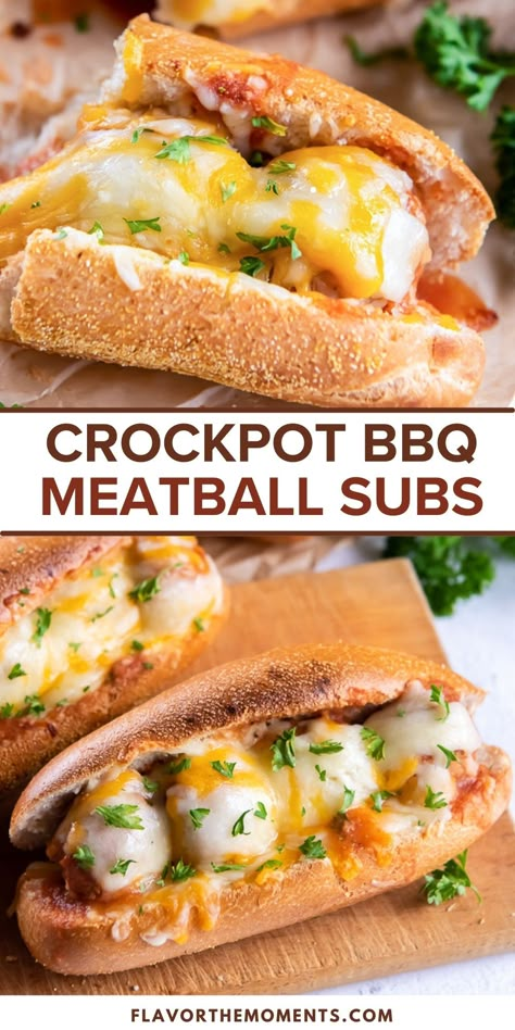 Meatball Subs are tender meatballs served with a flavorful homemade bbq sauce in buns with melted cheese. It's an easy dump and go slow cooker recipe the whole family will love! #meatballs #subs #gameday Bbq Meatball Subs, Meatball Hoagie, Bbq Meatballs Crockpot, Meatball Sandwich Recipes, Meatballs Crockpot, Meatball Sub Recipe, Juicy Meatballs, Crockpot Meatballs, Tender Meatballs