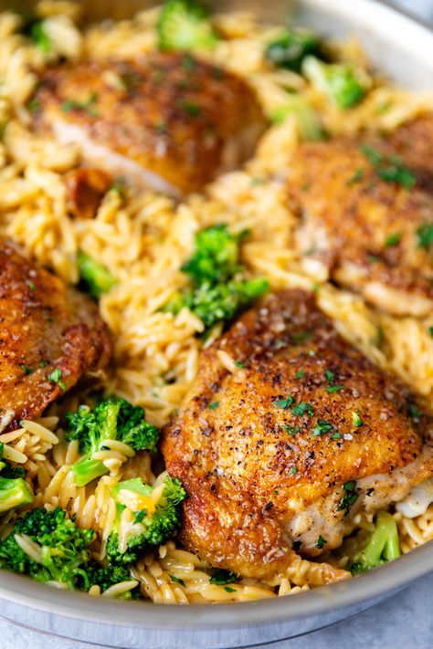 Chicken Thigh Broccoli Recipe, Chicken Thighs And Orzo, Broccoli Cheddar Orzo, Cheddar Orzo, Baked Bone In Chicken, Boursin Chicken, Cheesy Orzo, Skillet Chicken Thighs, Bowls Recipes