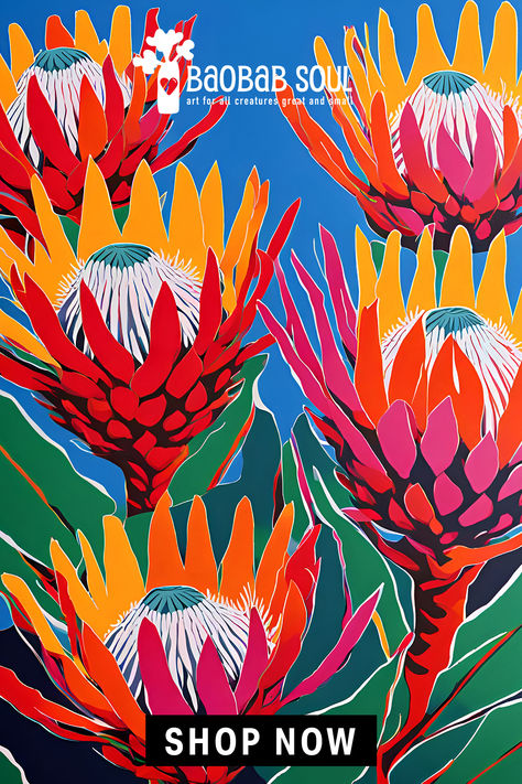 Beautiful South African Protea Flowers Pop Art Style illustration in strong bold colours of red, yellow, pink, orange, blue and green. 

This printed poster looks amazing in a room with eclectic maximalist decor, as well as a pop of colour in a more serene setting. South African Protea Flower, African Illustration Design, South African Patterns, Protea Flower Painting, South African Aesthetic, Olive Packaging, Protea Illustration, Plant Mural, Eclectic Maximalist Decor