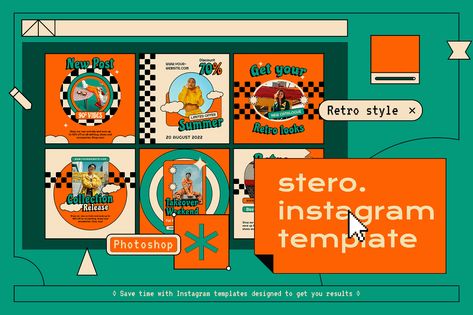 Stero Retro Instagram Template on Behance Retro Instagram, Instagram Photoshop, Social Media Branding Design, Architecture Presentation Board, Instagram Template Design, Retro Images, Retro Logos, Graphic Design Lessons, Template Instagram