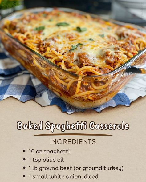 Recipes Mentor | 🍝 Baked Spaghetti Casserole 🍽️ 📋 Ingredients: 🍝 16 oz spaghetti 🫒 1 tsp olive oil 🥩 1 lb ground beef (or ground turkey) 🧅 1 small… | Instagram Pasta Cottage Cheese, Pasta With Butter, Baked Spaghetti Casserole, Cooked Pasta, Spaghetti Casserole, Butter Pasta, Baked Spaghetti, White Onion, Meat Sauce